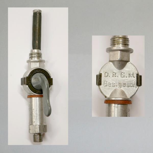 BH---Benzinhahn AW für Sachs 98, Gewinde R/G 1/4 Zoll---normale Gewindelänge---DRGM---Originales NEUTEIL aus Alu---