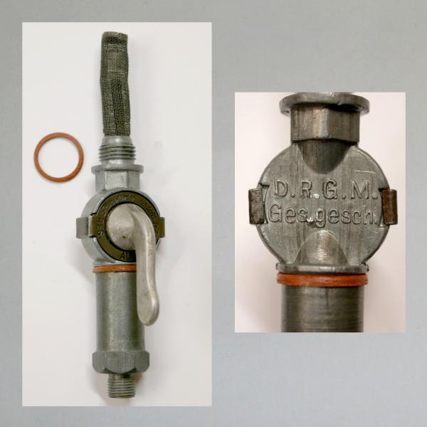 BH---Benzinhahn AW für Sachs 98, Gewinde R/G 1/4 Zoll---normale Gewindelänge---DRGM---Originales NEUTEIL aus ZINK---