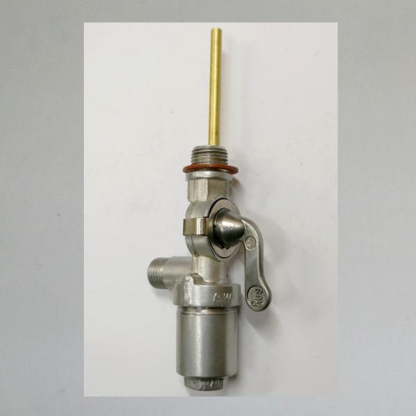 Becherhahn BenzinhahnAW mit 2 Filtern, Reserve. Tankseitig M16x1,5. Abgang M14x1,5 nach hinten