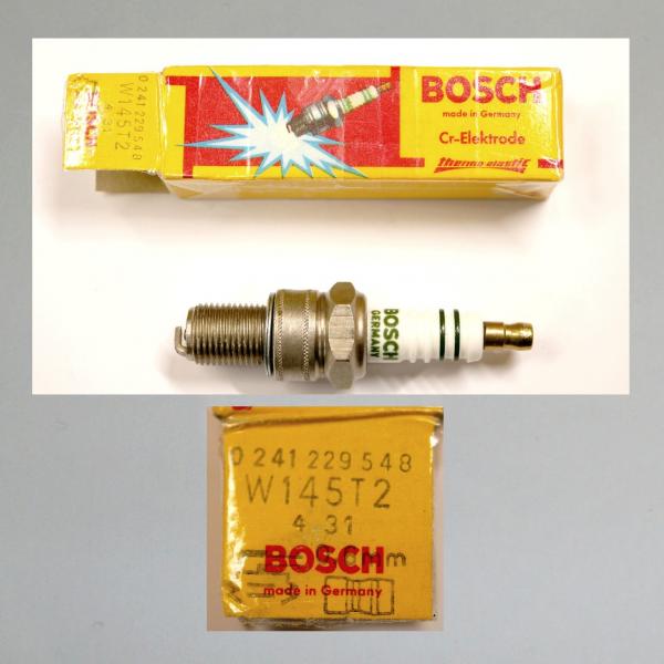 Zündkerze W145T2---M14x1,25---Wärmewert 145---Fabrikat Bosch, 60er Jahre (Original alt, OVP, NOS)---Langgewinde---