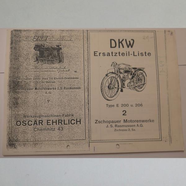 DKW - Ersatzteile-Liste 2 für E 200 und 206, Kopie