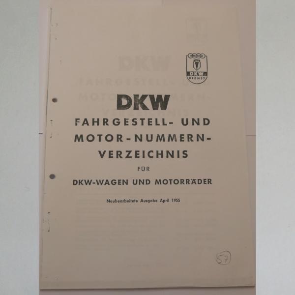 DKW - Fahrgestell- und Motornummernverzeichnis für DKW Wagen und Motorräder 1955, Kopie