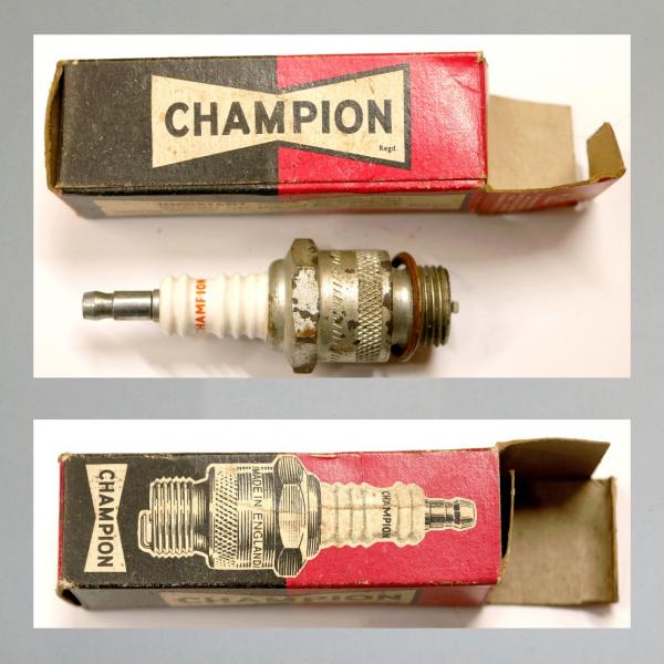 Zündkerze von CHAMPION (GB), 50er Jahre, TOP Zustand, schöne Kerze und Karton, Typ "7-COM-L"