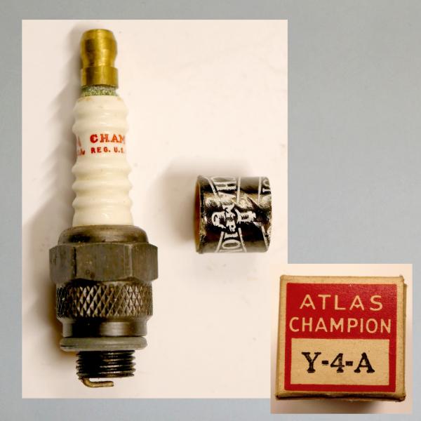 Zündkerze von Champion (US), 40er/ 50er Jahre, TOP Zustand, schöne Kerze und Karton, Typ "Y-4-A" (rot)