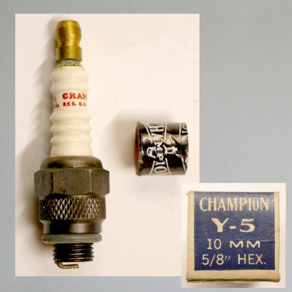 Zündkerze von Champion (US), 40er/ 50er Jahre, TOP Zustand, schöne Kerze und Karton, Typ "Y-5" (blau)