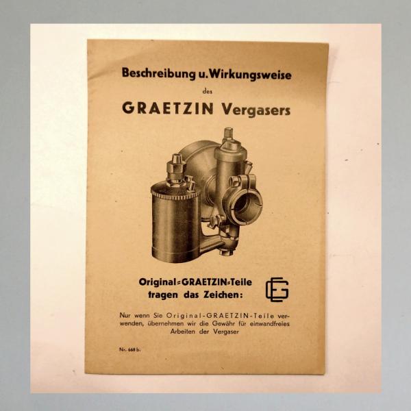 Instandhaltung und Bedienung: Graetzin Vergaser mit einem Zug (Typen KF...)f. Motorräder, ca 1935---ORIGINAL---