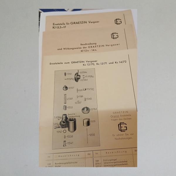 Ersatzteillisten/Einzelseiten Graetzin Vergaser Kf 12 n - 14 n, Kf 13,5 - 17, Kc 12/70, Kc 12/71 u. Kc 14/72