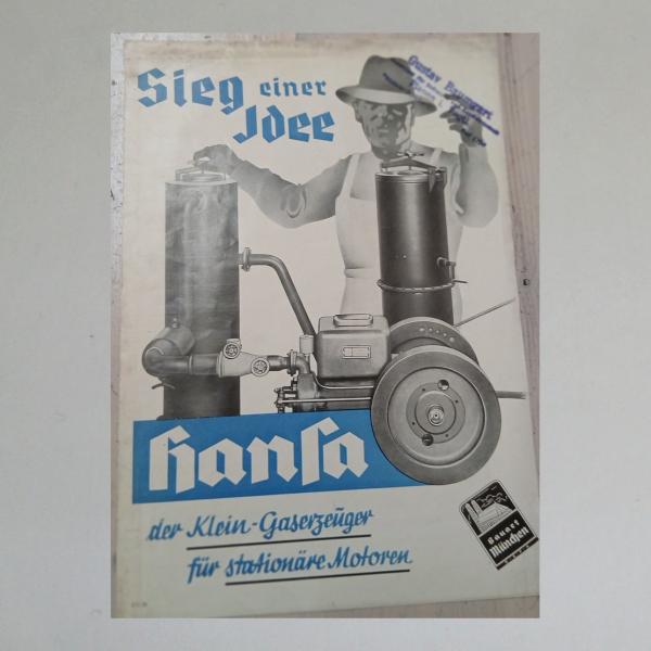 Hansa Klein-Gaserzeuger für stationäre Motoren Werbeprospekt, original