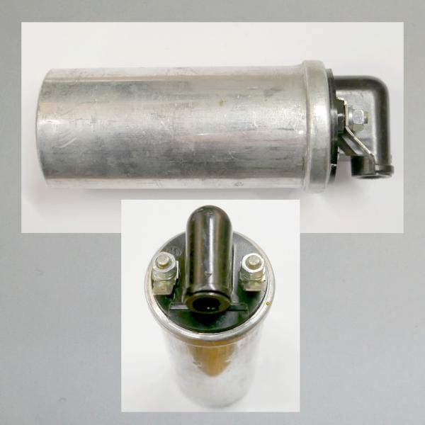 Zündspule neu, Nachbau, für Jawa und andere, Zündkabelausgang zur Seite, mit Halterung---12Volt---