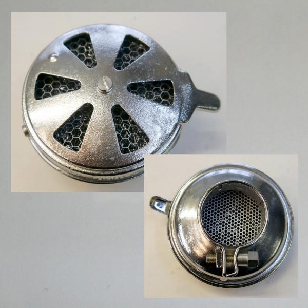 KNECHT Blech-Luftfilter, mit Klappe, Steckanschluss 40mm/ Aussendurchmesser 92mm, 50er Jahre Ausführung!---Umbau: Zerlegbar!---vernickelt---