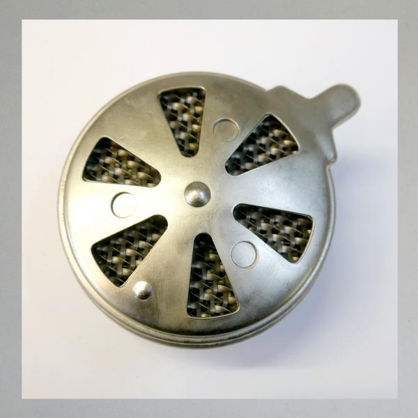 Knecht Blech-Luftfilter für DKW, mit Klappe/Blende, Steckanschluss 40mm---neu vernickelt---