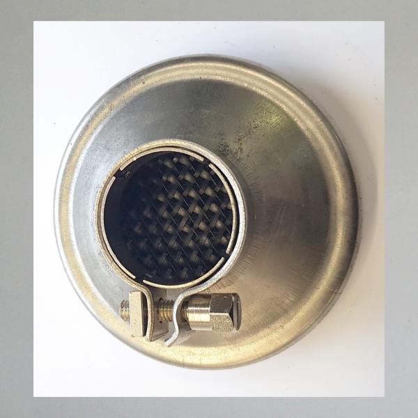 UBK Blech-Luftfilter, offen, einfache Ausführung, Steckanschluss 35mm/ Aussendurchmesser 90---neu vernickelt---guter Zustand---
