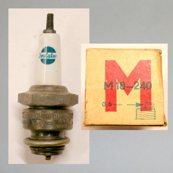Zündkerze M240T1---M18x1,5---Wärmewert 240---Fabrikat Isolator, alte Ausführung, ca 50er Jahre (Original alt, OVP, NOS)