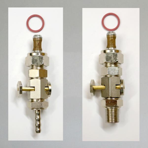 Schiebehahn/ Schiebe-Benzinhahn, 20er/30er Jahre, Gewinde Tankseitig: M16x1 Linksgewinde mit Anschlussmutter an Tank (Tankseitig 16x1 rechts)
