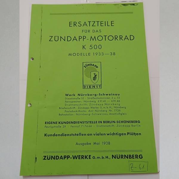 Zündapp - Ersatzteil-Liste für K 500 Modelle 1933-38, Kopie