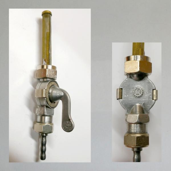 Benzinhahn AW-Frankfurter Modell. Tankseitig M16x1, mit Reserve + Innenfilter, mit Gewindeabgang M15x1 (NSU OSL)