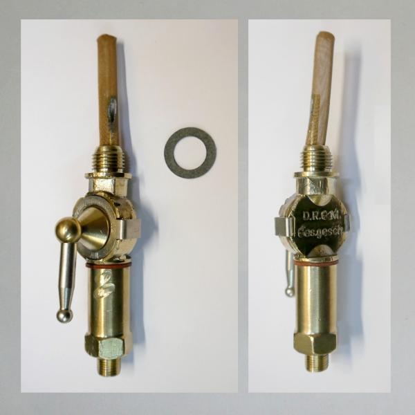 Benzinhahn AW für Sachs 98, Gewinde Tank R/G 1/4 Zoll, Gewinde Ablauf 1/8 Zoll---zweite Version des AW Hahns in Messing