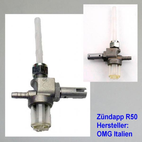 Benzinhahn für Zündapp R50 Roller, mit RE/LI-Gewinde M12x1 mit Reserve und Tankfilter---Repro von OMG---