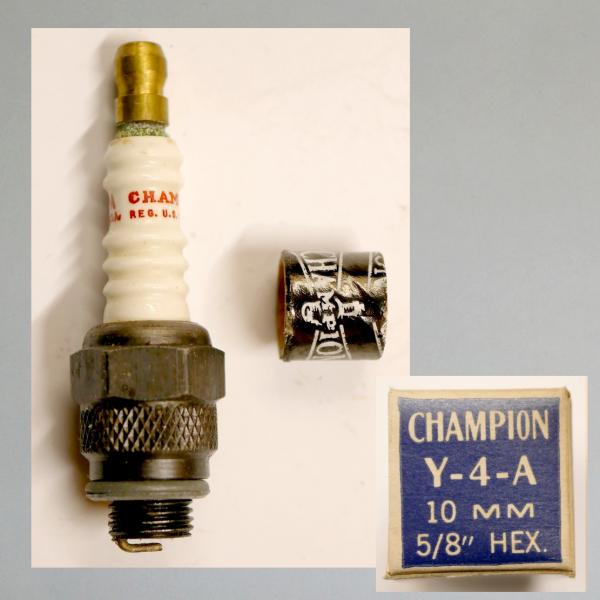 Zündkerze von Champion (US), 40er/ 50er Jahre, TOP Zustand, schöne Kerze und Karton, Typ "Y-4-A" (blau)
