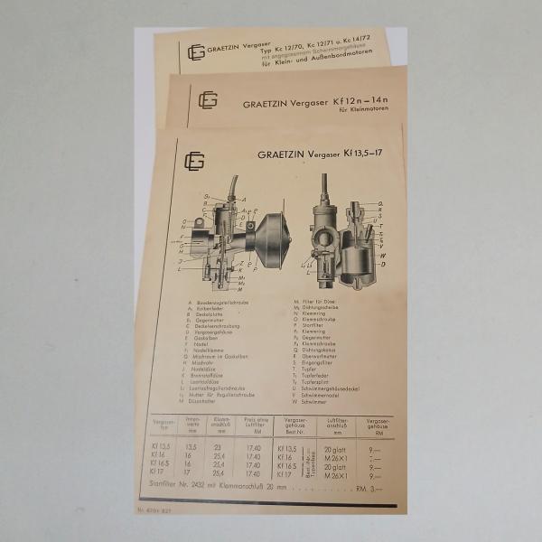 Ersatzteillisten/Einzelseiten Graetzin Vergaser Kf 12 n - 14 n, Kf 13,5 - 17, Kc 12/70, Kc 12/71 u. Kc 14/72