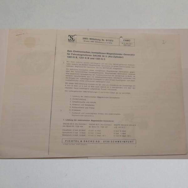 Hercules - SMD-Mitteilung Nr. 8/1972 kontaktloser Magnetzünder-Generator für Fahrzeugmotoren Sachs 50 S, Kopie