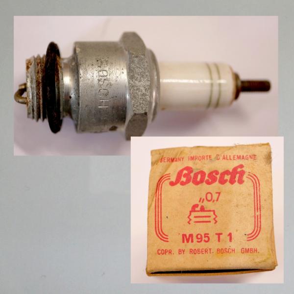 Zündkerze M95T1---M18x1,5---Wärmewert 95---Fabrikat Bosch, 30er Jahre (Original alt, OVP, NOS)