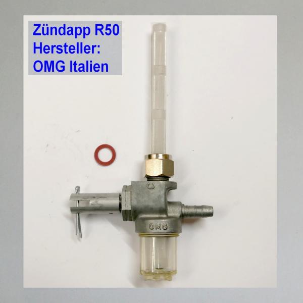 Benzinhahn für Zündapp R50 Roller, mit RE/LI-Gewinde M12x1 mit Reserve und Tankfilter---Repro von OMG---