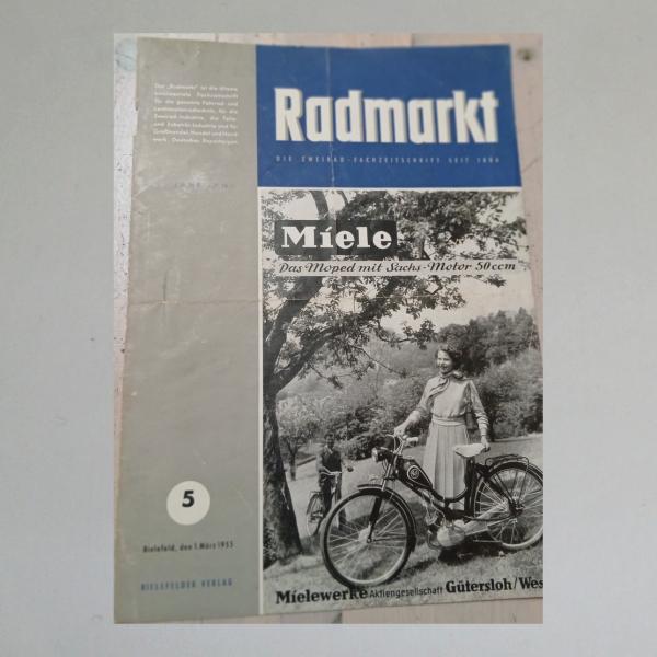 Deckblatt Radmarkt mit Miele Moped 50ccm und Werbung Sturmey Archer Fahrradnaben, original