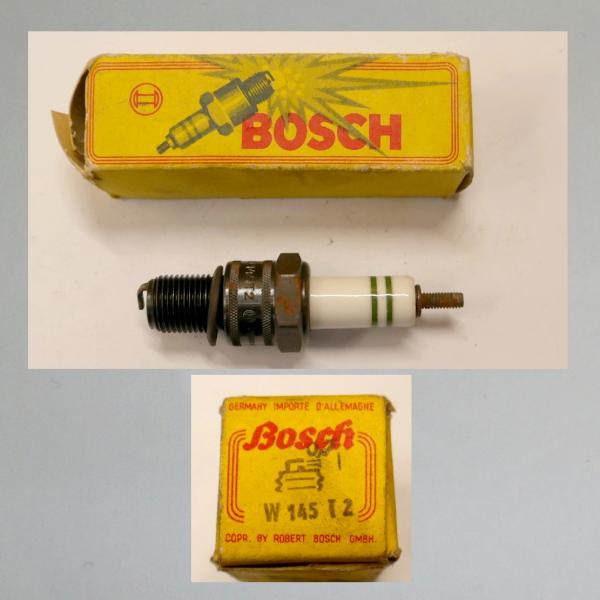 Zündkerze W145T2---M14x1,25---Wärmewert 145---Fabrikat Bosch, frühe 50er Jahre (Original alt, OVP, NOS)---Langgewinde---