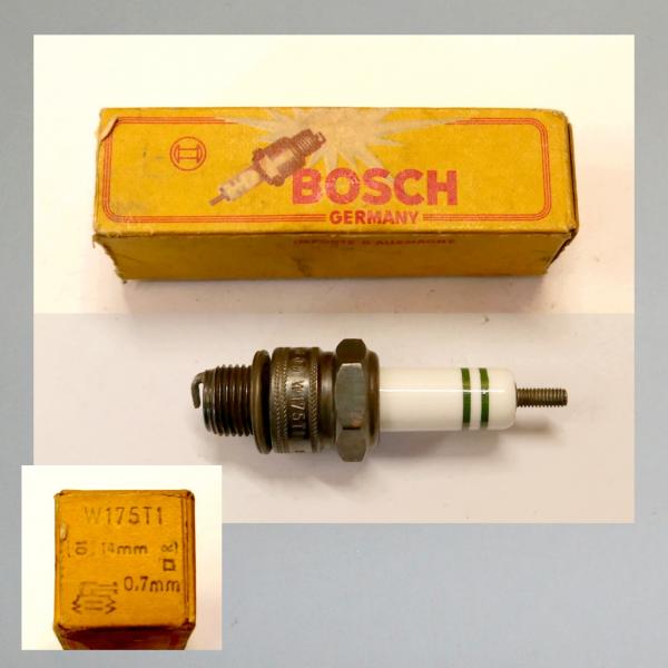 Zündkerze W175T1---M14x1,25---Wärmewert 175---Fabrikat Bosch, frühe 50er Jahre (Original alt, OVP, NOS)